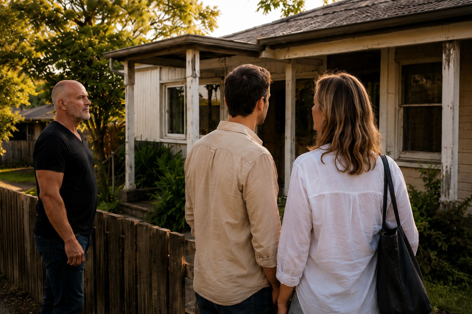 A couple stands at a front fence in evening light, taking in a house together, before anything has been decided.